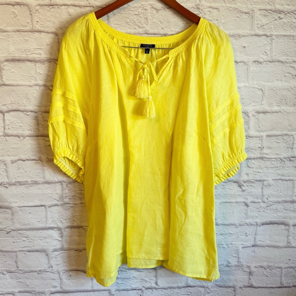 Talbots Bright Yellow Linen Blouse Tassel Tie Neck Short Sleeves Peasant Top 2X